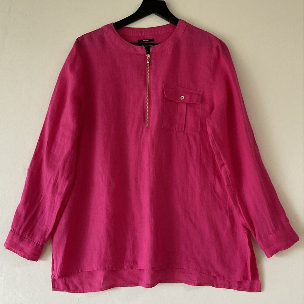 JNY Jones New York Linen Button-Up Sz L Fuchsia Magenta Resort